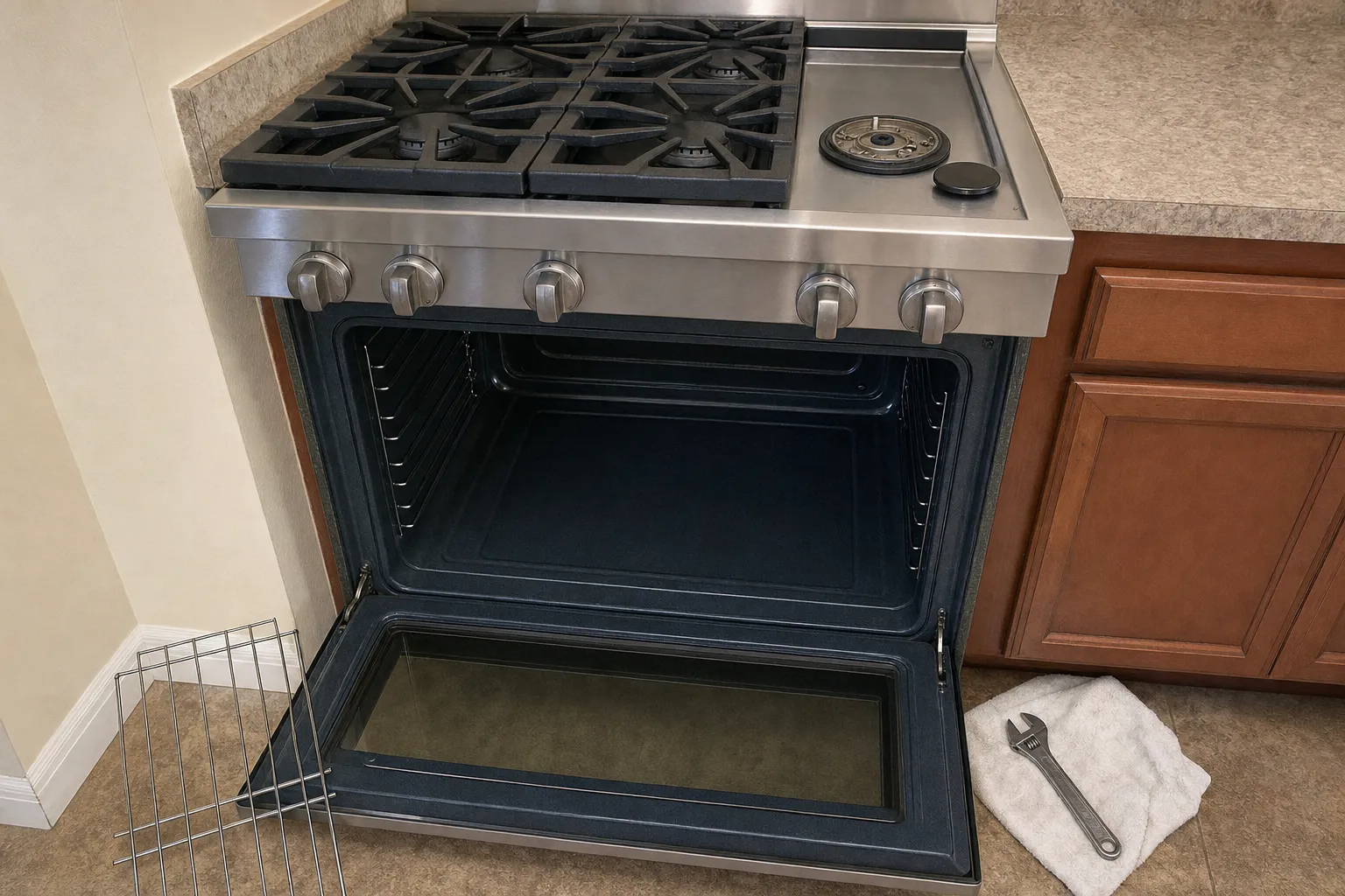 Pro-style stainless gas range with a griddle, oven door open and an adjustable wrench on a cloth on the floor