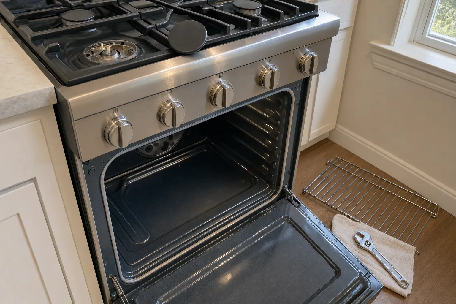 Stainless gas range in a white kitchen, oven door open and an oven rack propped on the floor beside it