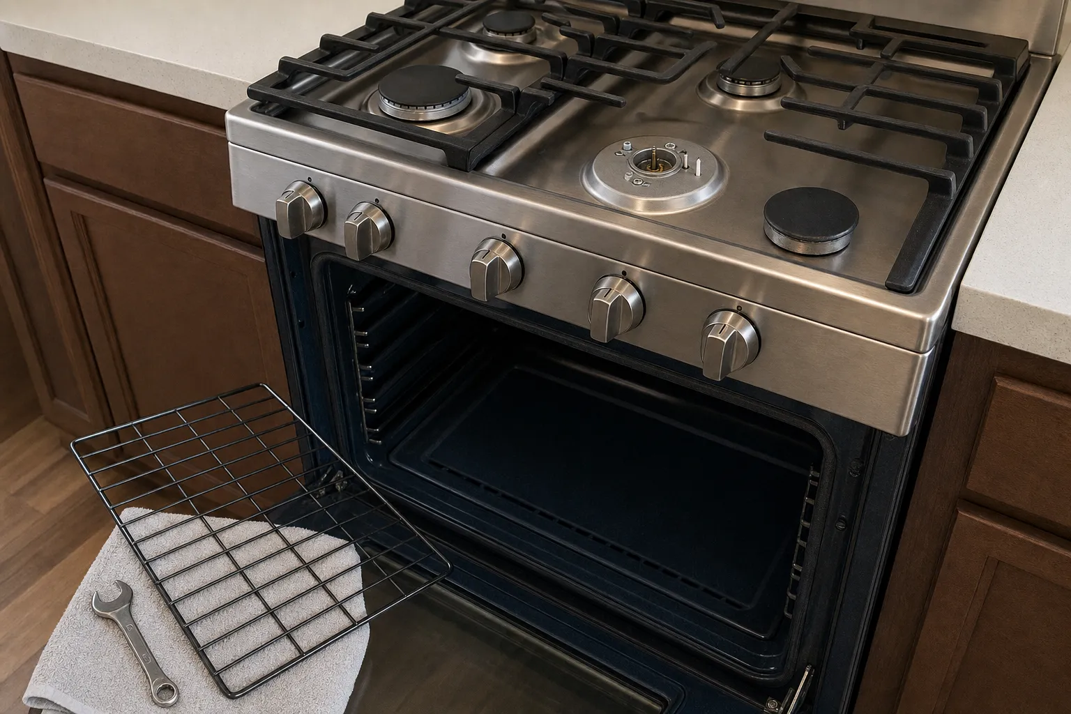 Stainless gas range with the oven door open, an oven rack out on a towel and a wrench alongside