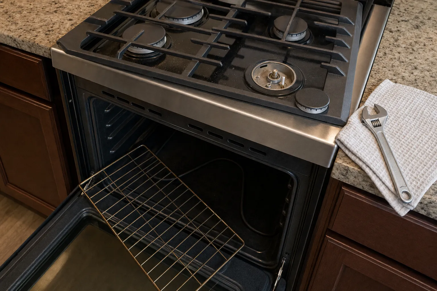 Close view of a gas cooktop with one sealed burner disassembled, its cap set aside next to a wrench