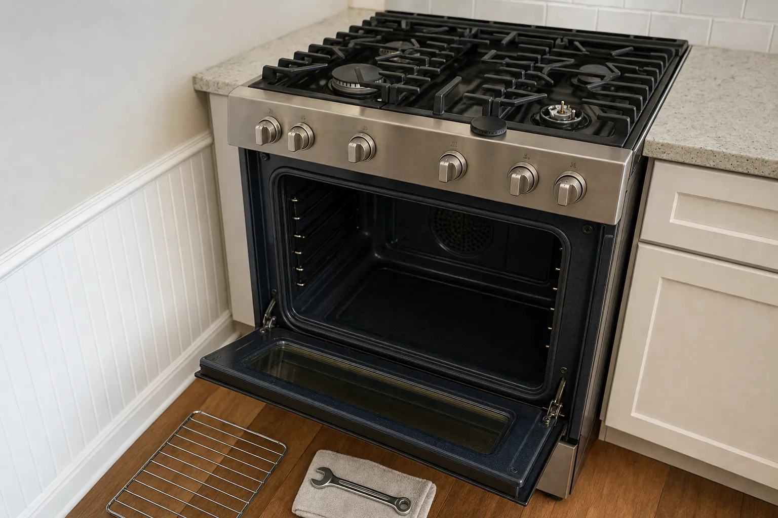 Stainless gas range against a white beadboard wall, oven door lowered, with a wire rack and a wrench on a towel on the wooden floor