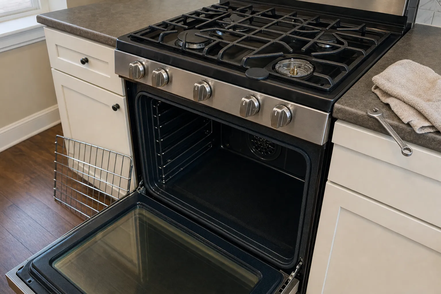 Stainless range under a dark counter with white cabinets, its right front burner down to the bare base, a rack leaning on the cabinet and a wrench by a folded towel